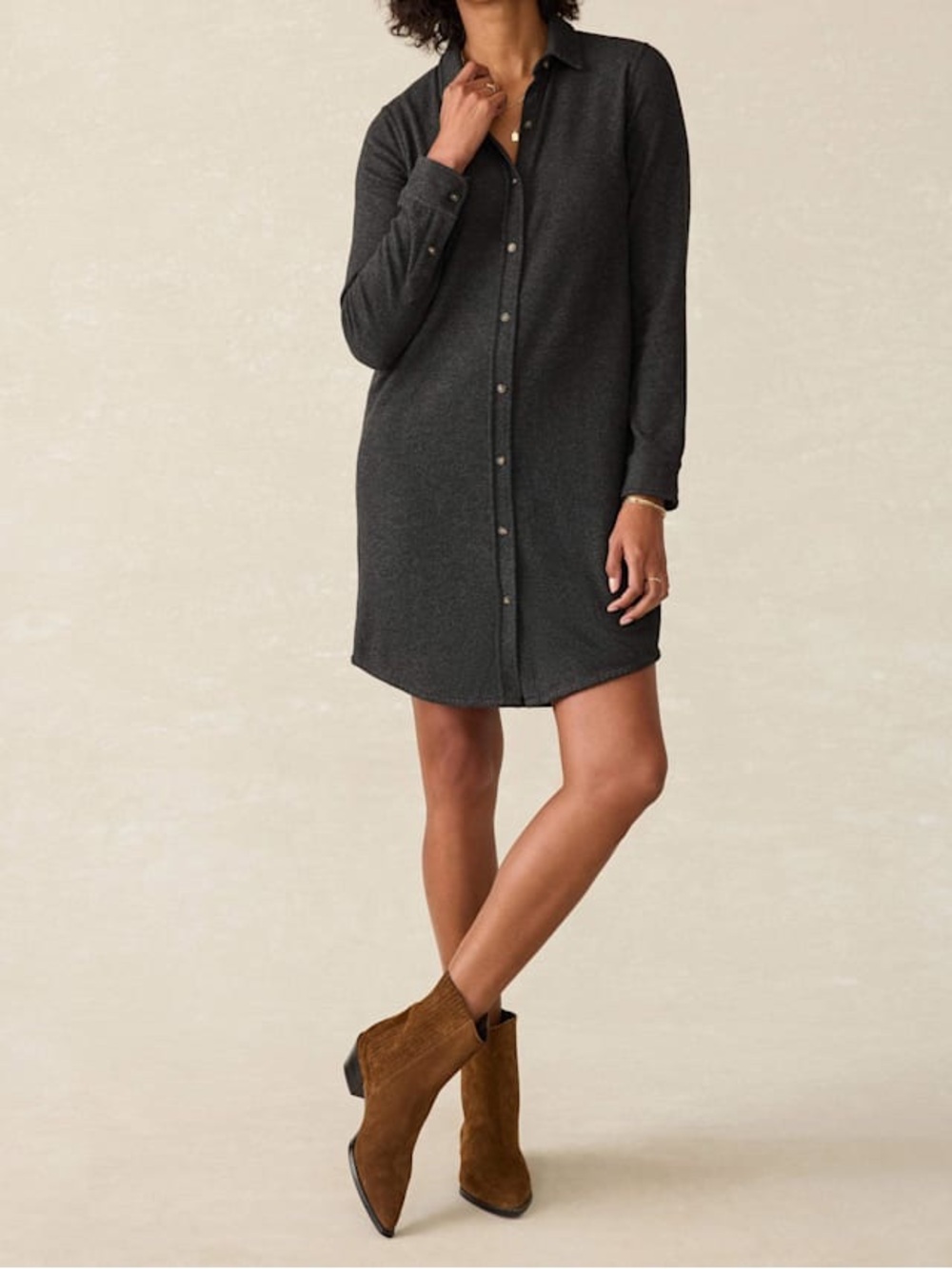 Faherty Charcoal Long-Sleeve Button Shirt Dress - Picture 1 of 12